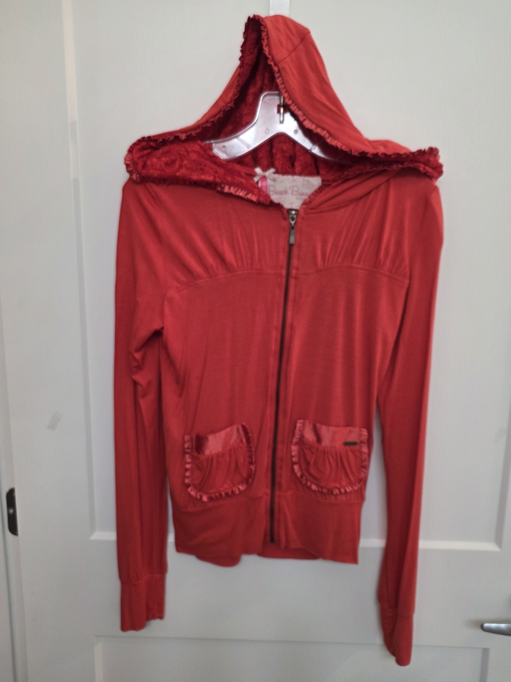 Beach Bunny Red Hooded Zip-Up Jacket with Ruffle Pockets